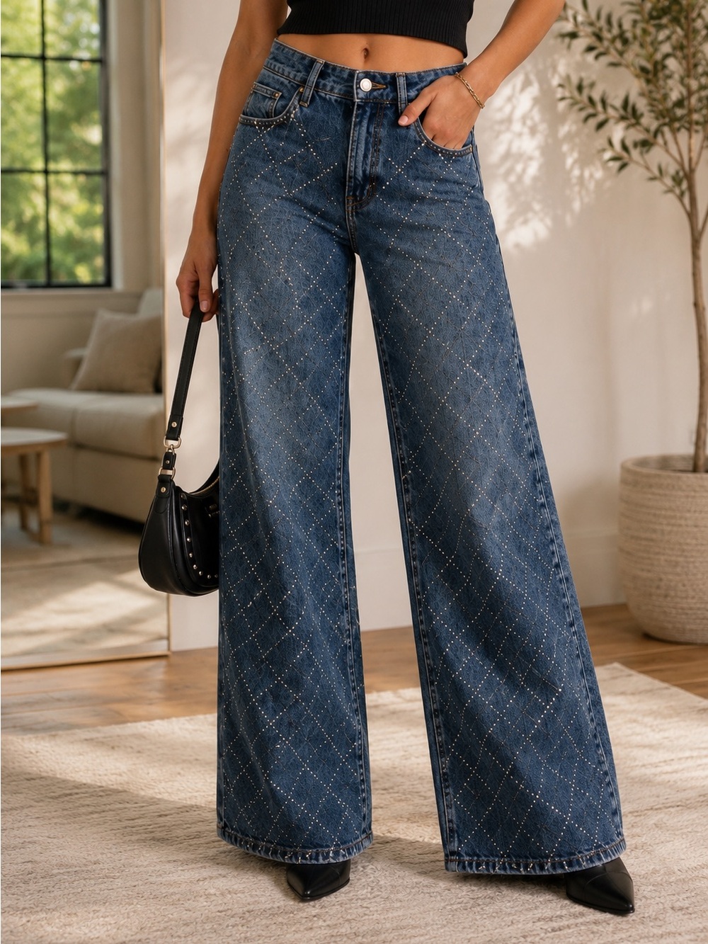 Good American Good Ease Rhinestone Argyle Relaxed Jeans Size 4/27 - Picture 1 of 9